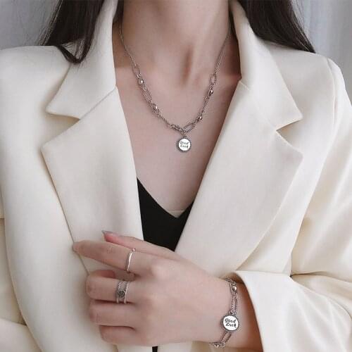 925 Sterling Silver Round Initia Letter Alphabet Necklace Female Hip Hop Gothic Neutral Design Hand Chain Vintage Couple