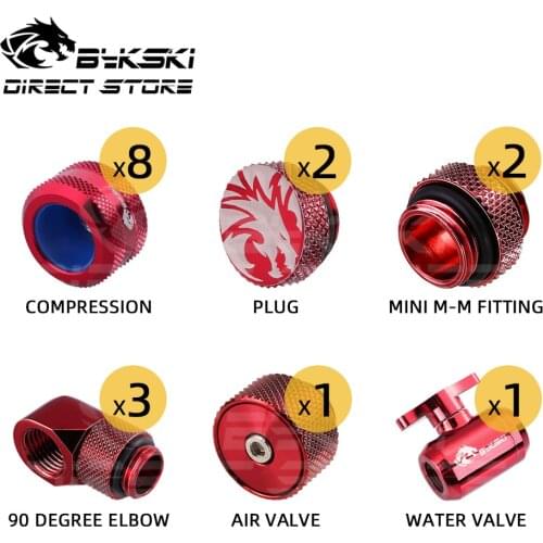 Bykski 8pcs Hard Tube Fitting Kit G1/4 Compression 90 Degree Elbow M/F Air Valve Plug Adapter Combo For OD12/14/16MM PETG/Acylic
