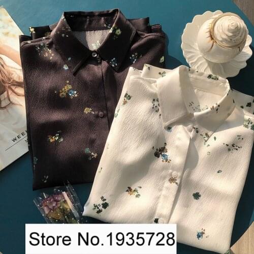 Women High Qualilty White/Black Long Sleeve Lapel Silk Satin Jacquard Printed Blouse Shirt Top