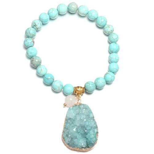 FYSL Light Yellow Gold Color Irregular Shape Crystal Cluster Connect Green Turquoises Stone Beads Elastic Bracelet Jewelry