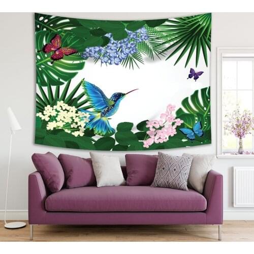 Tapestry Tropical Flowers Birds Butterflies Leaves Rain Forest Foliage Nature Artwork Green Blue