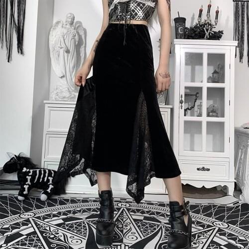 Gothic Grunge Punk Black Midi Skirt Vintage Lace Patchwork Velvet Skirt Women Sexy Hight Wait A-Line Slit Party Long Skirt