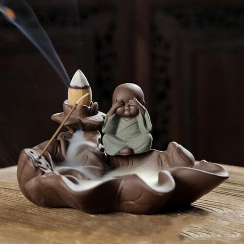 Ceramic Monk on Lotus Burner Sandalwood Backflow Waterfall Censer No See Listen Talk Small Monk Tea Pet Buddhist Aroma Censer