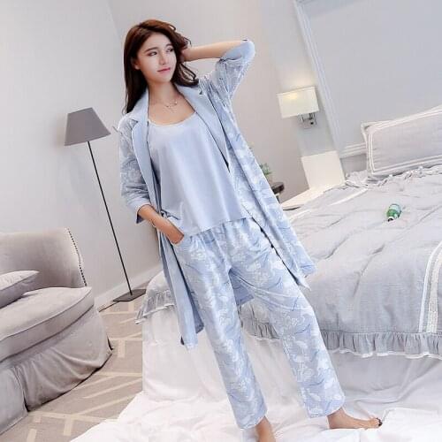 3Pieces Cotton Pajamas Set For Women Ladies Long Animal Print Nightrobe Robe Pyjamas Suit Sleepwear Nightwear Lounge Homewear