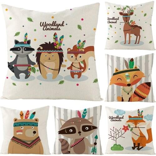 2020 NEW Ethnic Style Cartoon Lovely Animals Cushion Cover Linen Cute Bear Fox Deer Print Pillow Cover Kids Room Pillows Decor