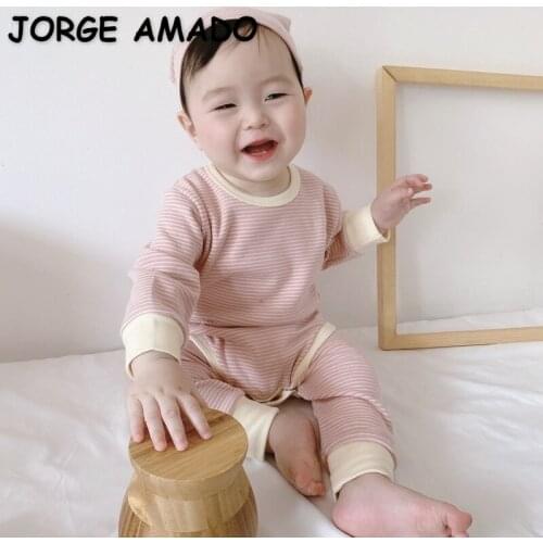 2021 New Autumn Kids Girls Boys Pajamas Sets Long Sleeves Striped Cotton Bodysuit + Pants + Cap Toddler Casual Clothes E1210