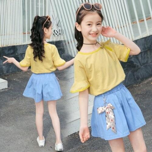 Summer Girls New T-shirt Shorts Suit Korean Version Of the Big Childrens Girls Western Style Short Sleeve + Shorts 6-14 Years
