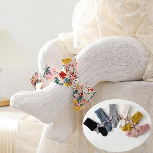 Autumn baby pantyhose 0-4 years child girls tights for infant girls big floral bow cotton baby girl pantyhose knitted tights