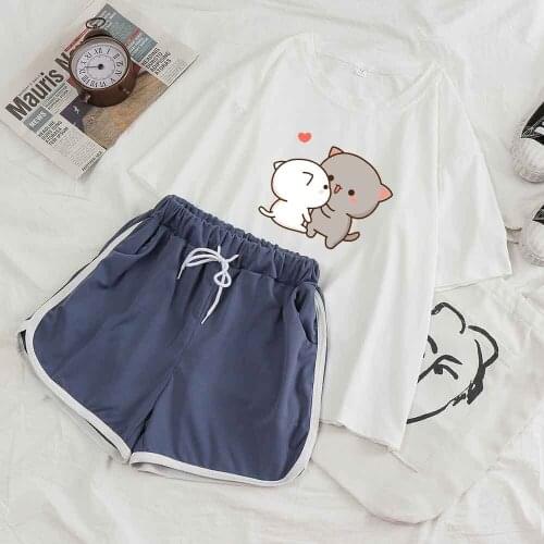 Pajama Shorts Women Sleep Tops Female Two Piece Set Summer Shorts and Top Lovers Milk Bear Print Red Heart Cute Pajamas Set