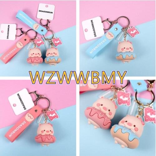 PVC Cartoon Raincoat Pig Doll Metal Keychain Pink Yellow Blue Trinket Girl Boy Pendant Bag Car Key Ring Jewelry Lanyard Gift