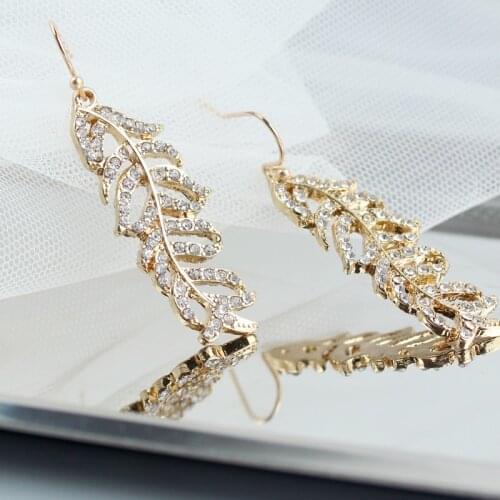 Gold Color Statement Leaf Dangle Drop Earrings with Full Crystals CZ Hanging Earrings for Women Bridal Wedding Party Earrings