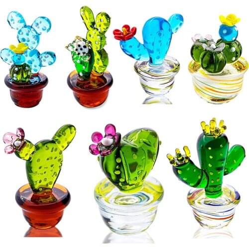 H&D 7 Styles Handmade Art Glass Succulent Simulation Plants Glass Cactus Figurines Ornaments Gifts Home Tabletop Decorations
