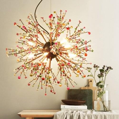 LukLoy NEW Colored Pearls Dandelion Chandeliers Bedroom Suspension Cherry Blossoms Lamp Modern Creative Handmade Pearls Lights