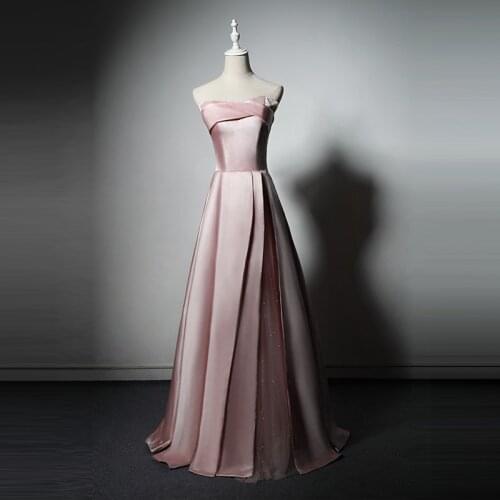 Evening Dress Lace Up Strapless Empire Sleeveless Ruched A-Line Floor-Length Simple Fashion Pink Party Formal Gown Woman B495