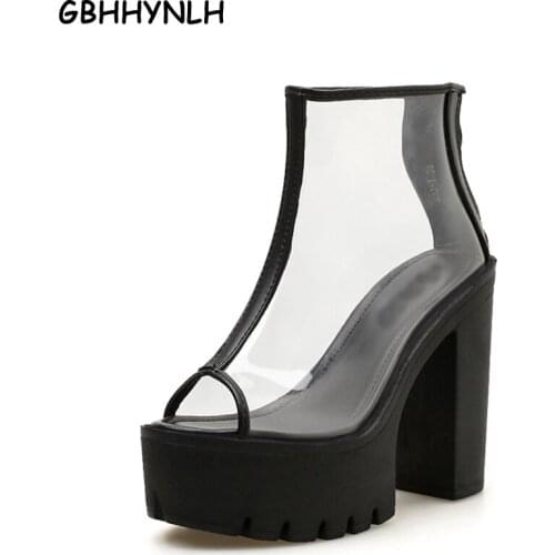 GBHHYNLH Womens Boots white black open Toe Elastic Ankle Boots Thick Heel High Heels Shoes Female Transparent Heel Boots LJA451