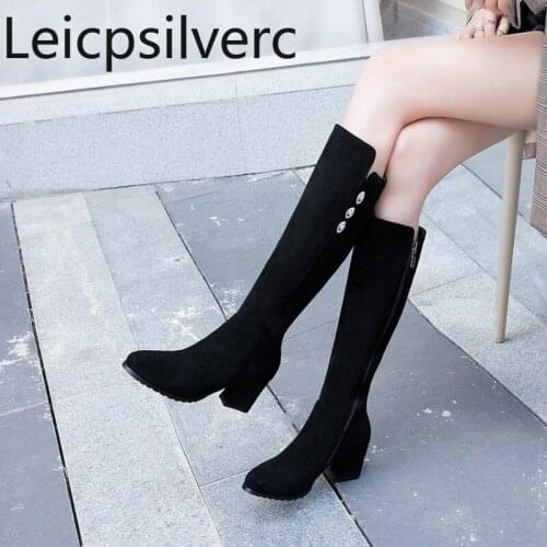 Womens Boots Autumn And Winter The New Round head zipper Crystal Thick heel mid heel High tube Womens shoes plus size 31-43