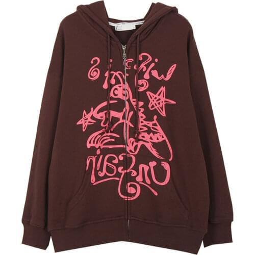 Y2K Womens Full Zip Hoodies Casual Long Sleeve Graffiti Print Oversized Sweatshirts
