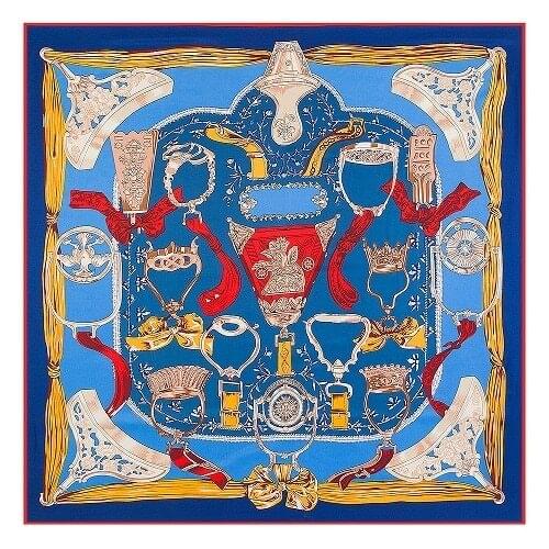 POBING 100% Silk Square Scarf Women Royal Crown Print Neckerchief Euro Brand Hijab Silk Foulard Big Bandana Lady Square Scarves