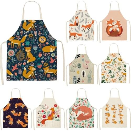 Kawaii Fox Printed Sleeveless Aprons Kitchen Adult Women Cotton Linen Animal Pinafore Home Cooking Baking Waist Bib 53*65cm