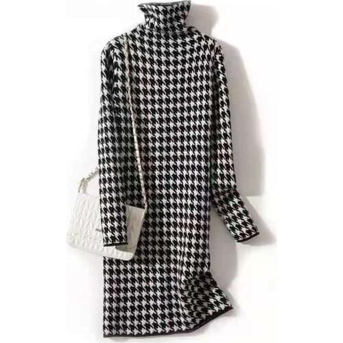 Turtleneck Women Long Knit Straight Sweater Dress Autumn Winter Thick Warm Midi Dress Plaid Knitted Dresses Long Jumpers M-2xl