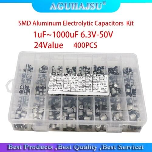 1uF~1000uF 6.3V-50V 400PCS 24Value SMD Aluminum Electrolytic Capacitors Assortment Kit + Box