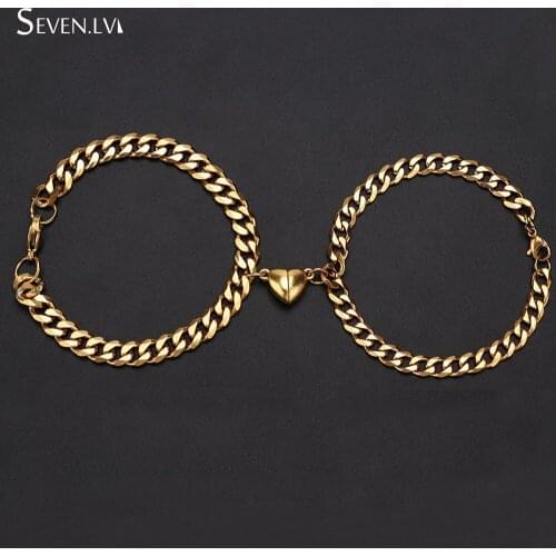 2pcs/set couples heart shaped magnet attractive Bracelet i stainless steel 18K Gold Titanium Steel Cuba chain set men women