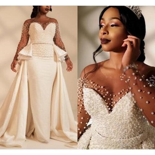 2020 African Mermaid Plus Size Wedding Dresses Overskirts Sheer Neck Long Sleeve Pearls Beaded Country Bridal Gowns vestidos