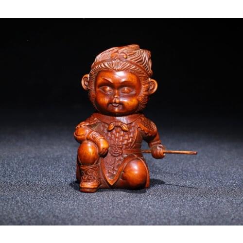 3"China Lucky Old Boxwood Hand-carved Fight against Buddha Monkey statue Monkey King Office Ornaments Town House Exorcism