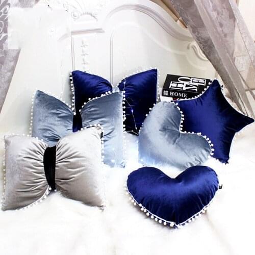 Deep blue/light blue/grey velvet cushion pompom throw pillow heart/star/bow shaped back cushion headrest backrest home decor