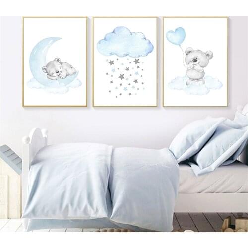 Cartoon Animal Bear Poster Blue Moon Cloud Canvas Paintings Nursery Child Wall Art Print Nordic Wall Pictures Baby Room Decor