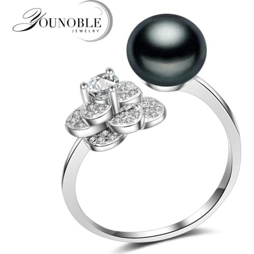 Genuine Black Natural Freshwater Pearl Ring Women,real 925 Silver Flower Ring Girl Birthday Gift