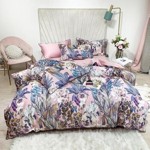 Pink Floral Bedding Set Luxury Egyptian Cotton Bedding Set Queen King Bright Flamingo Leaf Duvet Cover Bed Sheet Set Fitted