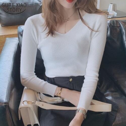 Korean Slim Pullover Women 2021 Winter and Autumn Long Sleeve Womans Sweater Solid Color Sexy V Neck Womens Knitwear 10354
