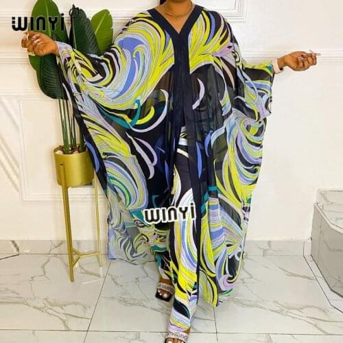 WINYI two-piece suit Boho Printed Over Size kimono Batwing Sleeve Star Dress Women Elastic Silk Floor Length New Fashion Tide