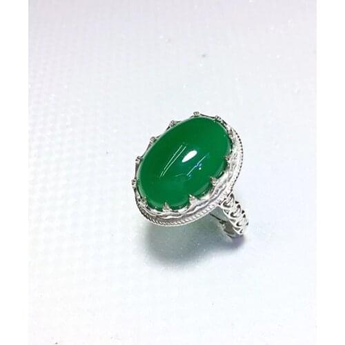 Silver Wholesale S925 Sterling Silver Inlaid Pure Natural Green Chalcedony Fine Pattern Open Ended Ring