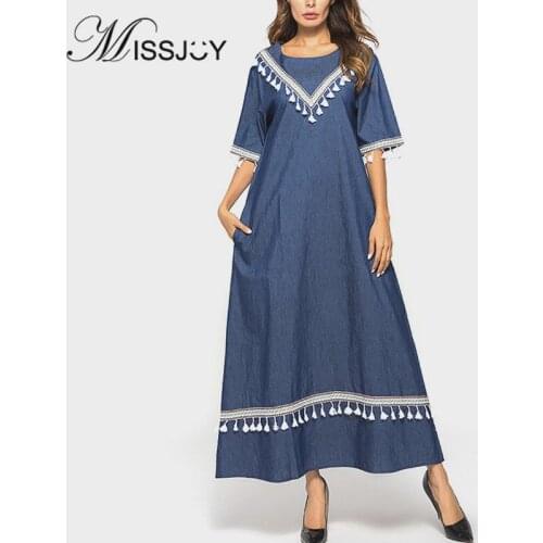 MISSJOY Casual Women Dresses Muslim Abayas Denim Islamic Clothing O-Neck Loose Patch Middle East Short Sleeves Kaftan Blue Плать