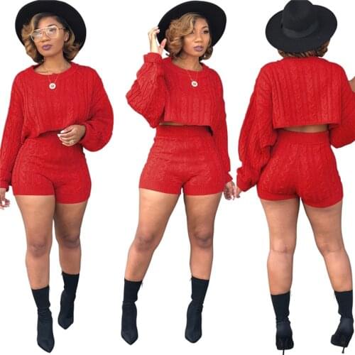 Adogirl Christmas Red Women Knitted Sweater Two Piece Set Long Sleeve Loose Crop Top High Waist Shorts Autumn Winter Outfits