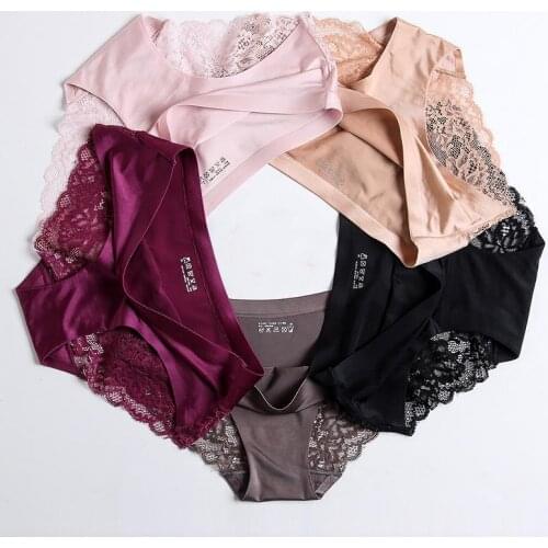 Sexy Women Lace Side Underwear Ice Silk Seamless Womens Underpants Breathable Briefs Girls Ladies Cotton Crotch Solid Lingerie