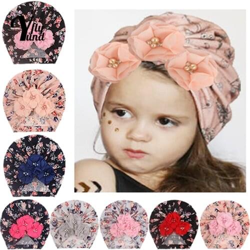Yundfly Hand Sewing Beads Flowers Newborn Caps Fashion Print Baby Turban Hat Children Headwear Hair Accessories Birthday Gifts