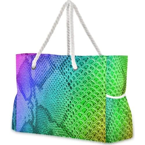 Tote Bag For Travel Beach Grocery Shopping Rope Handle Womens Reusable Cute Bags For Girls Rainbow Snake Skin Print Colorful