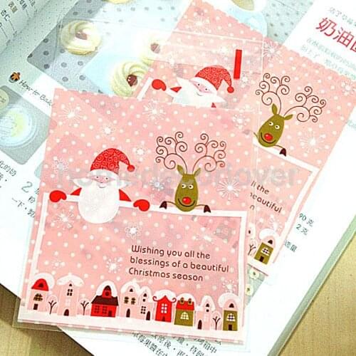 100pcs Christmas Santa Claus Reindeer Baking Packing Bags Pastry Biscuit Bags Holiday Party Gifts