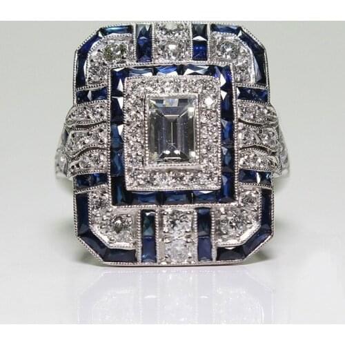 Vintage Blue Green Cubic Zircon Ring Men Geometric Square Rings for Women Lady Big Gem Stone Party Gifts Wedding Jewelry