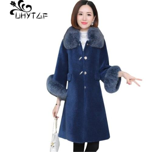 UHYTGF Women fur coats quality sheep sheared winter fur coat fashion fox fur collar elegant jacket female 3XL plus size tops 518
