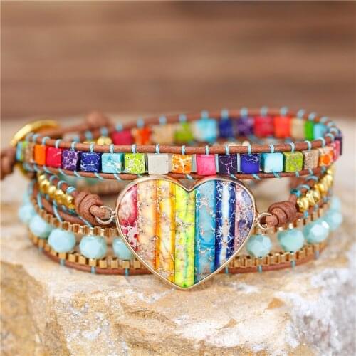 Boho 7 Chakra Heart Charm Gemstone 3 Strands Leather Beads Wrap Bracelet For Women Yoga Statement Stack Jewelry Dropshipping