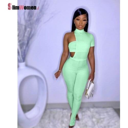 Tube Top Casual Jumpsuit Women One Shoulder Bodysuit Streetwear Solid Skinny Slim Active Workout Side Slit One Piece Overalls