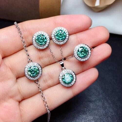 1ct green moissanite Round 6.5mm size gem ring stud earrings bracelet and necklace 925 silver platinum plated women jewelry