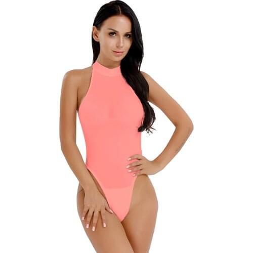 Womens Lingerie Semi See Through Bodysuit Sleeveless Mock Neck Open Butt High Cut Crotchless Thong Leotard Jumpsuit