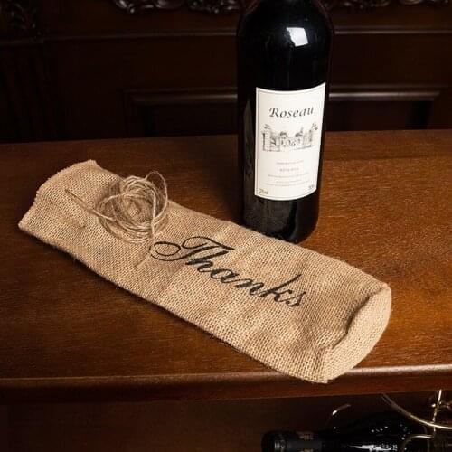 100pcs Vintage Burlap "Merci" "Thanks" "MR & MRS" Jute Wine Bottle Bags Champagne Bottle Covers Wedding Party Decoration