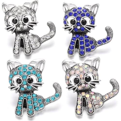 6pcs/lot New Snap Jewelry Animal Crystal Rhinestone Cat Metal 18MM Snap Buttons Diy Charms Fit DIY Snap Bracelet Bangle