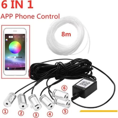6 In 1 RGB LED Strips Light APP Bluetooth Control for Car Interior Atmosphere Light Lamp DIY Music 8M Fiber Optic Band